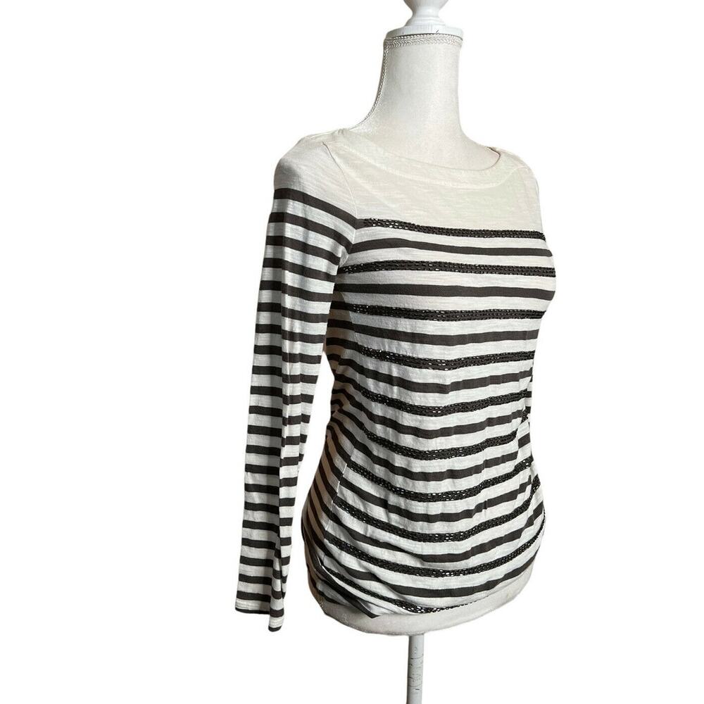 Ann Taylor LOFT Boat neck embellished blouse Sz Small Striped Ivory Long Sleeve
